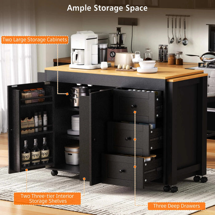 K&K 74.8' Kitchen Island with Extendable Dining Table, Kitchen Storage Cart with 3 Drawers, Power Outlet, Rolling Kitchen Island on Wheels with Spice Rack and 2 Door Cabinet, for Kitchen, Black Default -DTYStore