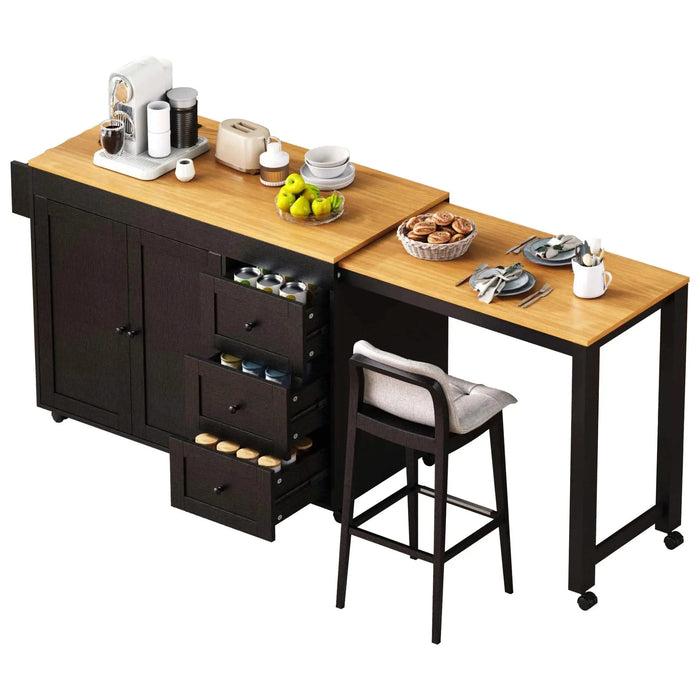 K&K 74.8' Kitchen Island with Extendable Dining Table, Kitchen Storage Cart with 3 Drawers, Power Outlet, Rolling Kitchen Island on Wheels with Spice Rack and 2 Door Cabinet, for Kitchen, Black Default -DTYStore