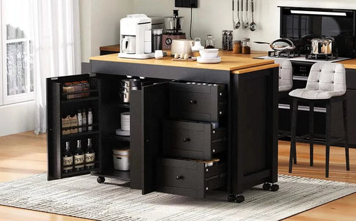 K&K 74.8' Kitchen Island with Extendable Dining Table, Kitchen Storage Cart with 3 Drawers, Power Outlet, Rolling Kitchen Island on Wheels with Spice Rack and 2 Door Cabinet, for Kitchen, Black Default -DTYStore