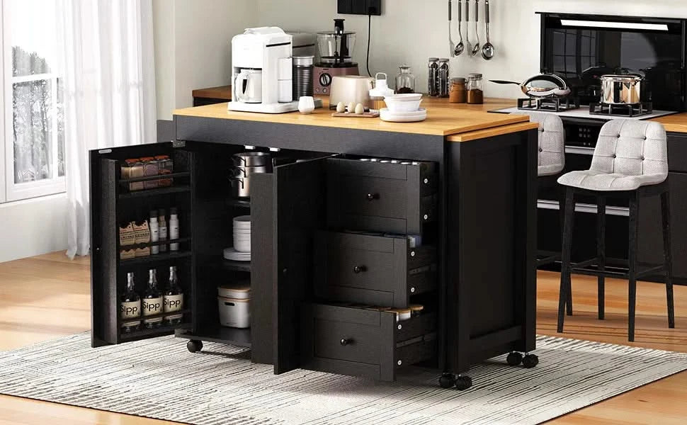 K&K 74.8' Kitchen Island with Extendable Dining Table, Kitchen Storage Cart with 3 Drawers, Power Outlet, Rolling Kitchen Island on Wheels with Spice Rack and 2 Door Cabinet, for Kitchen, Black Default -DTYStore