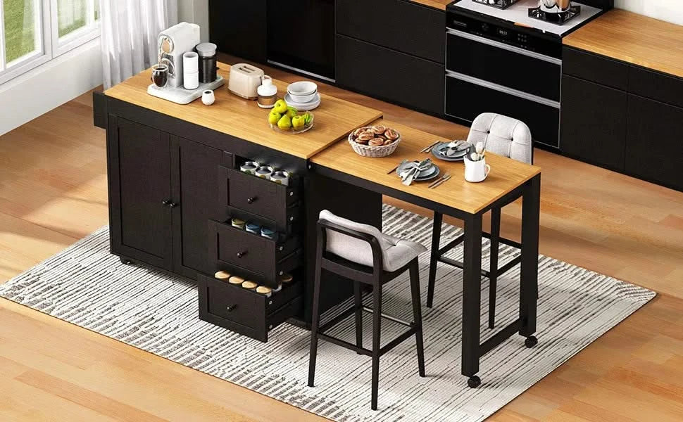 K&K 74.8' Kitchen Island with Extendable Dining Table, Kitchen Storage Cart with 3 Drawers, Power Outlet, Rolling Kitchen Island on Wheels with Spice Rack and 2 Door Cabinet, for Kitchen, Black Default -DTYStore