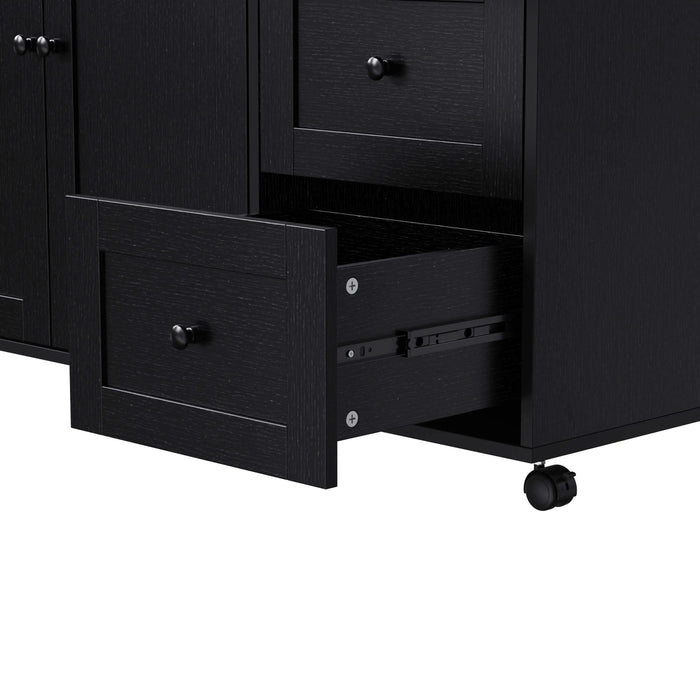 K&K 74.8' Kitchen Island with Extendable Dining Table, Kitchen Storage Cart with 3 Drawers, Power Outlet, Rolling Kitchen Island on Wheels with Spice Rack and 2 Door Cabinet, for Kitchen, Black Default -DTYStore