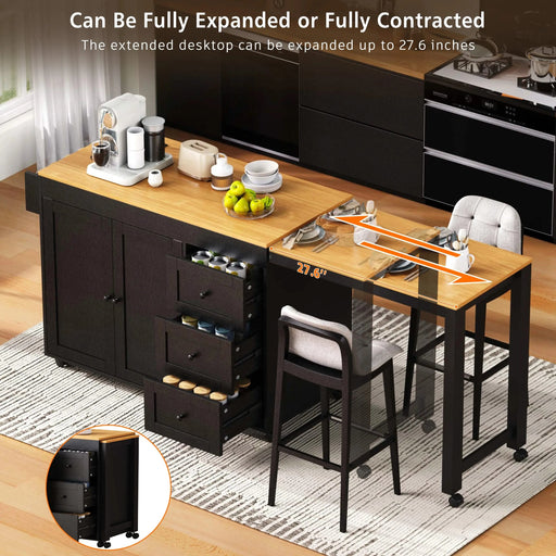 K&K 74.8' Kitchen Island with Extendable Dining Table, Kitchen Storage Cart with 3 Drawers, Power Outlet, Rolling Kitchen Island on Wheels with Spice Rack and 2 Door Cabinet, for Kitchen, Black Default -DTYStore