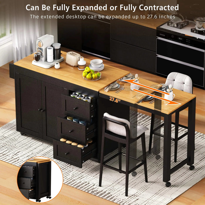 K&K 74.8' Kitchen Island with Extendable Dining Table, Kitchen Storage Cart with 3 Drawers, Power Outlet, Rolling Kitchen Island on Wheels with Spice Rack and 2 Door Cabinet, for Kitchen, Black Default -DTYStore