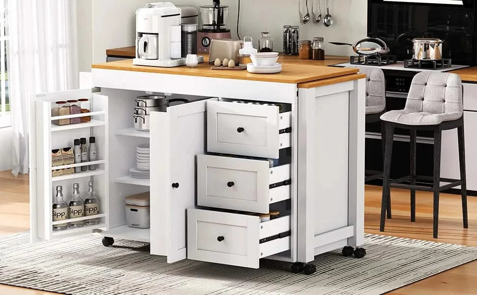 K&K 74.8' Kitchen Island with Extendable Dining Table, Kitchen Storage Cart with 3 Drawers, Power Outlet, Rolling Kitchen Island on Wheels with Spice Rack and 2 Door Cabinet, for Kitchen, White Default -DTYStore