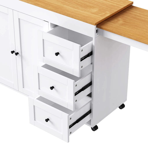 K&K 74.8' Kitchen Island with Extendable Dining Table, Kitchen Storage Cart with 3 Drawers, Power Outlet, Rolling Kitchen Island on Wheels with Spice Rack and 2 Door Cabinet, for Kitchen, White Default -DTYStore