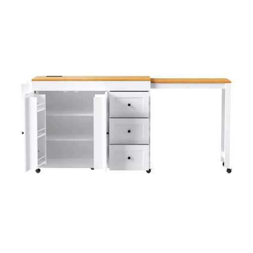 K&K 74.8' Kitchen Island with Extendable Dining Table, Kitchen Storage Cart with 3 Drawers, Power Outlet, Rolling Kitchen Island on Wheels with Spice Rack and 2 Door Cabinet, for Kitchen, White Default -DTYStore