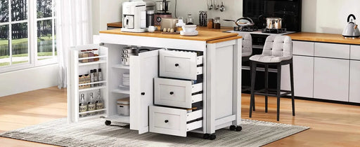 K&K 74.8' Kitchen Island with Extendable Dining Table, Kitchen Storage Cart with 3 Drawers, Power Outlet, Rolling Kitchen Island on Wheels with Spice Rack and 2 Door Cabinet, for Kitchen, White Default -DTYStore