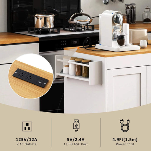 K&K 74.8' Kitchen Island with Extendable Dining Table, Kitchen Storage Cart with 3 Drawers, Power Outlet, Rolling Kitchen Island on Wheels with Spice Rack and 2 Door Cabinet, for Kitchen, White Default -DTYStore