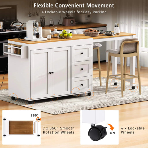K&K 74.8' Kitchen Island with Extendable Dining Table, Kitchen Storage Cart with 3 Drawers, Power Outlet, Rolling Kitchen Island on Wheels with Spice Rack and 2 Door Cabinet, for Kitchen, White Default -DTYStore