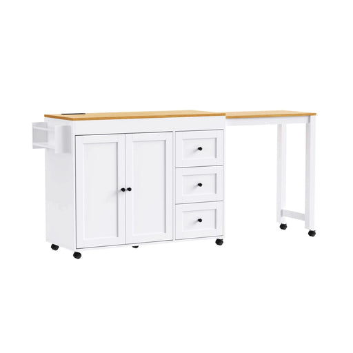 K&K 74.8' Kitchen Island with Extendable Dining Table, Kitchen Storage Cart with 3 Drawers, Power Outlet, Rolling Kitchen Island on Wheels with Spice Rack and 2 Door Cabinet, for Kitchen, White Default -DTYStore