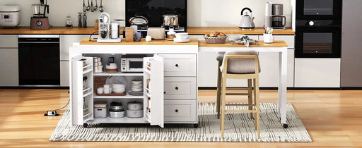 K&K 74.8' Kitchen Island with Extendable Dining Table, Kitchen Storage Cart with 3 Drawers, Power Outlet, Rolling Kitchen Island on Wheels with Spice Rack and 2 Door Cabinet, for Kitchen, White Default -DTYStore