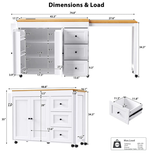 K&K 74.8' Kitchen Island with Extendable Dining Table, Kitchen Storage Cart with 3 Drawers, Power Outlet, Rolling Kitchen Island on Wheels with Spice Rack and 2 Door Cabinet, for Kitchen, White Default -DTYStore