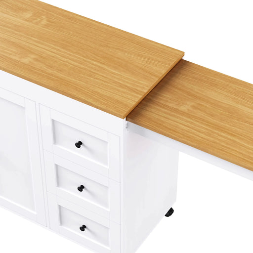 K&K 74.8' Kitchen Island with Extendable Dining Table, Kitchen Storage Cart with 3 Drawers, Power Outlet, Rolling Kitchen Island on Wheels with Spice Rack and 2 Door Cabinet, for Kitchen, White Default -DTYStore