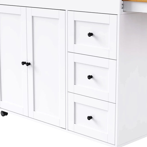 K&K 74.8' Kitchen Island with Extendable Dining Table, Kitchen Storage Cart with 3 Drawers, Power Outlet, Rolling Kitchen Island on Wheels with Spice Rack and 2 Door Cabinet, for Kitchen, White Default -DTYStore