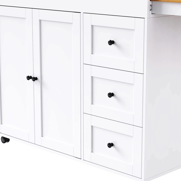 K&K 74.8' Kitchen Island with Extendable Dining Table, Kitchen Storage Cart with 3 Drawers, Power Outlet, Rolling Kitchen Island on Wheels with Spice Rack and 2 Door Cabinet, for Kitchen, White Default -DTYStore