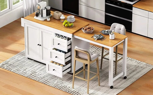 K&K 74.8' Kitchen Island with Extendable Dining Table, Kitchen Storage Cart with 3 Drawers, Power Outlet, Rolling Kitchen Island on Wheels with Spice Rack and 2 Door Cabinet, for Kitchen, White Default -DTYStore
