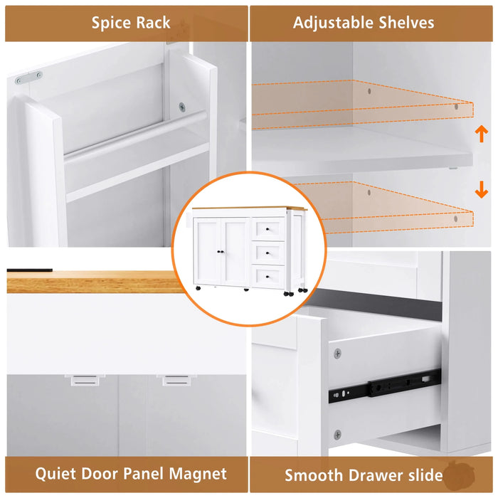 K&K 74.8' Kitchen Island with Extendable Dining Table, Kitchen Storage Cart with 3 Drawers, Power Outlet, Rolling Kitchen Island on Wheels with Spice Rack and 2 Door Cabinet, for Kitchen, White Default -DTYStore