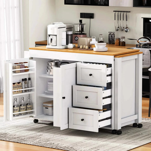 K&K 74.8' Kitchen Island with Extendable Dining Table, Kitchen Storage Cart with 3 Drawers, Power Outlet, Rolling Kitchen Island on Wheels with Spice Rack and 2 Door Cabinet, for Kitchen, White Default -DTYStore