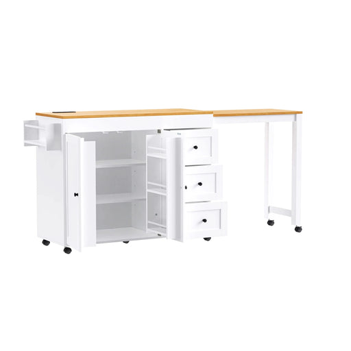 K&K 74.8' Kitchen Island with Extendable Dining Table, Kitchen Storage Cart with 3 Drawers, Power Outlet, Rolling Kitchen Island on Wheels with Spice Rack and 2 Door Cabinet, for Kitchen, White Default -DTYStore