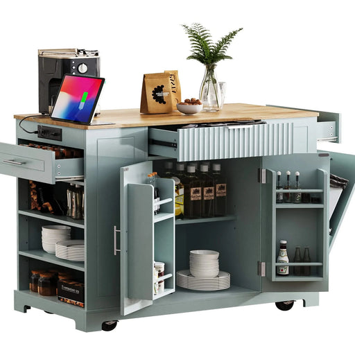 K&K Fluted Kitchen Island with Trash Can Storage Cabinet, Power Outlet, Internal Storage Rack, Rolling Kitchen Islands on 5 Wheels with 3 Drawer, 3 Open Side Racks for 10 Gallon Garbage Bin,Grey Blue Default -DTYStore