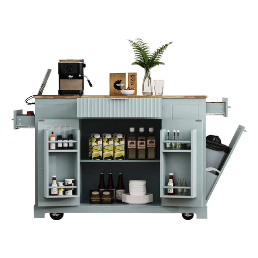 K&K Fluted Kitchen Island with Trash Can Storage Cabinet, Power Outlet, Internal Storage Rack, Rolling Kitchen Islands on 5 Wheels with 3 Drawer, 3 Open Side Racks for 10 Gallon Garbage Bin,Grey Blue Default -DTYStore