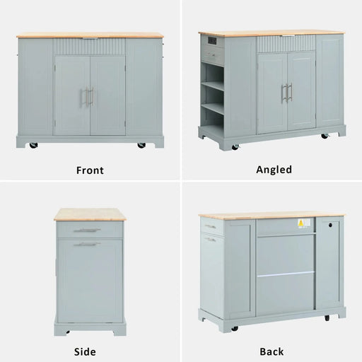 K&K Fluted Kitchen Island with Trash Can Storage Cabinet, Power Outlet, Internal Storage Rack, Rolling Kitchen Islands on 5 Wheels with 3 Drawer, 3 Open Side Racks for 10 Gallon Garbage Bin,Grey Blue Default -DTYStore