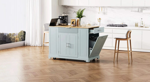 K&K Fluted Kitchen Island with Trash Can Storage Cabinet, Power Outlet, Internal Storage Rack, Rolling Kitchen Islands on 5 Wheels with 3 Drawer, 3 Open Side Racks for 10 Gallon Garbage Bin,Grey Blue Default -DTYStore