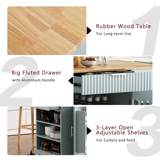 K&K Fluted Kitchen Island with Trash Can Storage Cabinet, Power Outlet, Internal Storage Rack, Rolling Kitchen Islands on 5 Wheels with 3 Drawer, 3 Open Side Racks for 10 Gallon Garbage Bin,Grey Blue Default -DTYStore