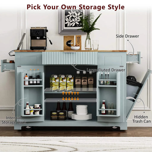 K&K Fluted Kitchen Island with Trash Can Storage Cabinet, Power Outlet, Internal Storage Rack, Rolling Kitchen Islands on 5 Wheels with 3 Drawer, 3 Open Side Racks for 10 Gallon Garbage Bin,Grey Blue Default -DTYStore