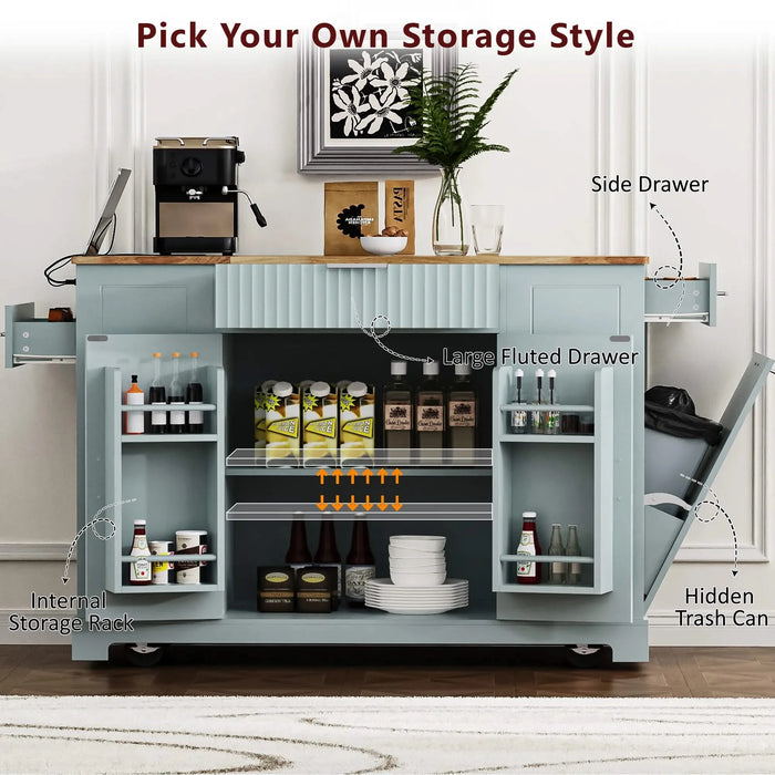 K&K Fluted Kitchen Island with Trash Can Storage Cabinet, Power Outlet, Internal Storage Rack, Rolling Kitchen Islands on 5 Wheels with 3 Drawer, 3 Open Side Racks for 10 Gallon Garbage Bin,Grey Blue Default -DTYStore