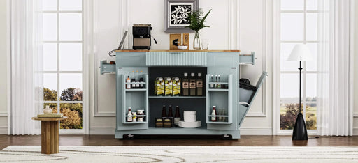 K&K Fluted Kitchen Island with Trash Can Storage Cabinet, Power Outlet, Internal Storage Rack, Rolling Kitchen Islands on 5 Wheels with 3 Drawer, 3 Open Side Racks for 10 Gallon Garbage Bin,Grey Blue Default -DTYStore
