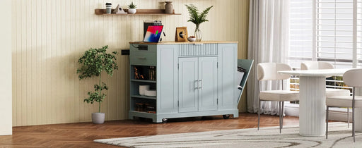 K&K Fluted Kitchen Island with Trash Can Storage Cabinet, Power Outlet, Internal Storage Rack, Rolling Kitchen Islands on 5 Wheels with 3 Drawer, 3 Open Side Racks for 10 Gallon Garbage Bin,Grey Blue Default -DTYStore