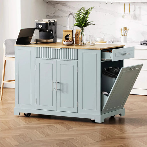 K&K Fluted Kitchen Island with Trash Can Storage Cabinet, Power Outlet, Internal Storage Rack, Rolling Kitchen Islands on 5 Wheels with 3 Drawer, 3 Open Side Racks for 10 Gallon Garbage Bin,Grey Blue Default -DTYStore
