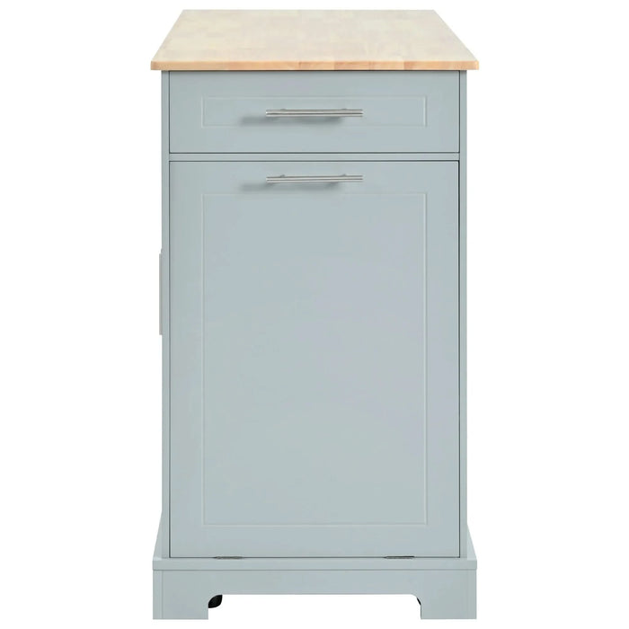 K&K Fluted Kitchen Island with Trash Can Storage Cabinet, Power Outlet, Internal Storage Rack, Rolling Kitchen Islands on 5 Wheels with 3 Drawer, 3 Open Side Racks for 10 Gallon Garbage Bin,Grey Blue Default -DTYStore