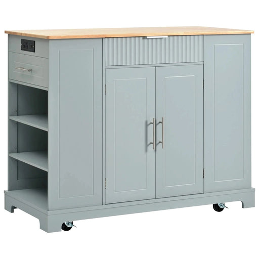 K&K Fluted Kitchen Island with Trash Can Storage Cabinet, Power Outlet, Internal Storage Rack, Rolling Kitchen Islands on 5 Wheels with 3 Drawer, 3 Open Side Racks for 10 Gallon Garbage Bin,Grey Blue Default -DTYStore