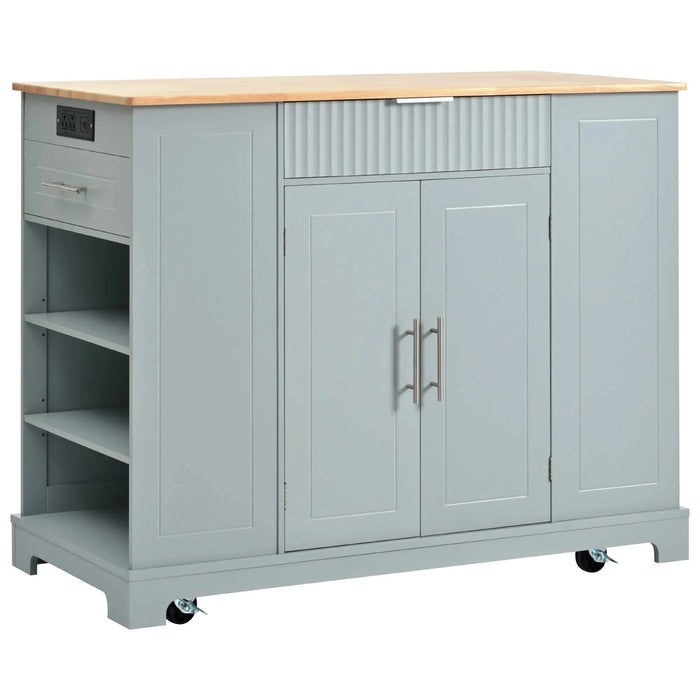 K&K Fluted Kitchen Island with Trash Can Storage Cabinet, Power Outlet, Internal Storage Rack, Rolling Kitchen Islands on 5 Wheels with 3 Drawer, 3 Open Side Racks for 10 Gallon Garbage Bin,Grey Blue Default -DTYStore