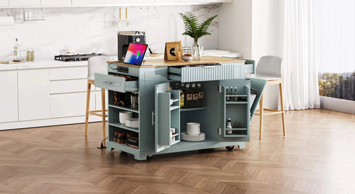 K&K Fluted Kitchen Island with Trash Can Storage Cabinet, Power Outlet, Internal Storage Rack, Rolling Kitchen Islands on 5 Wheels with 3 Drawer, 3 Open Side Racks for 10 Gallon Garbage Bin,Grey Blue Default -DTYStore