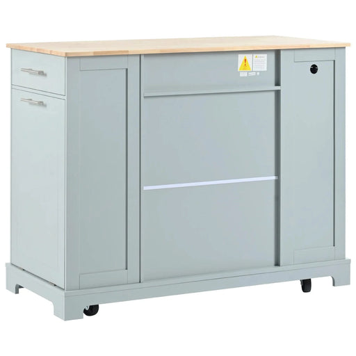K&K Fluted Kitchen Island with Trash Can Storage Cabinet, Power Outlet, Internal Storage Rack, Rolling Kitchen Islands on 5 Wheels with 3 Drawer, 3 Open Side Racks for 10 Gallon Garbage Bin,Grey Blue Default -DTYStore