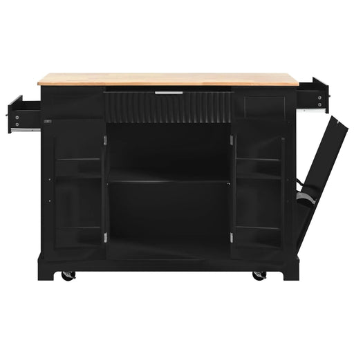 K&K Fluted Kitchen Island with Trash Can Storage Cabinet, Power Outlet, Internal Storage Rack, Rolling Kitchen Islands on 5 Wheels with 3 Drawer, 3 Open Side Racks for 10 Gallon Garbage Bin, Black Default -DTYStore