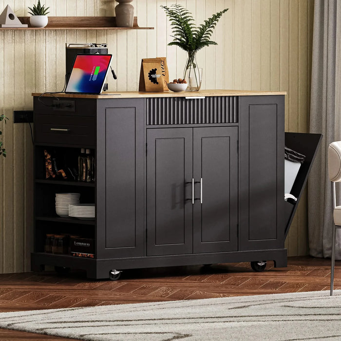 K&K Fluted Kitchen Island with Trash Can Storage Cabinet, Power Outlet, Internal Storage Rack, Rolling Kitchen Islands on 5 Wheels with 3 Drawer, 3 Open Side Racks for 10 Gallon Garbage Bin, Black Default -DTYStore