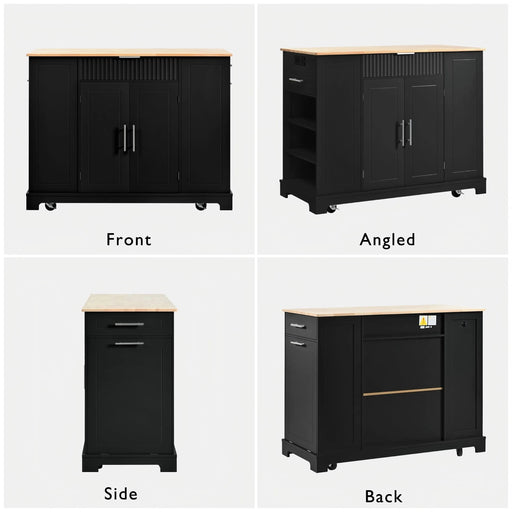 K&K Fluted Kitchen Island with Trash Can Storage Cabinet, Power Outlet, Internal Storage Rack, Rolling Kitchen Islands on 5 Wheels with 3 Drawer, 3 Open Side Racks for 10 Gallon Garbage Bin, Black Default -DTYStore