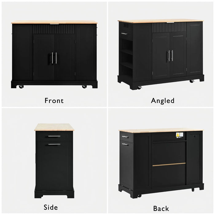 K&K Fluted Kitchen Island with Trash Can Storage Cabinet, Power Outlet, Internal Storage Rack, Rolling Kitchen Islands on 5 Wheels with 3 Drawer, 3 Open Side Racks for 10 Gallon Garbage Bin, Black Default -DTYStore