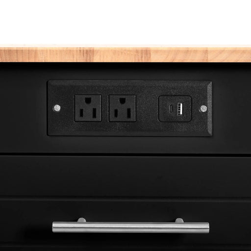 K&K Fluted Kitchen Island with Trash Can Storage Cabinet, Power Outlet, Internal Storage Rack, Rolling Kitchen Islands on 5 Wheels with 3 Drawer, 3 Open Side Racks for 10 Gallon Garbage Bin, Black Default -DTYStore