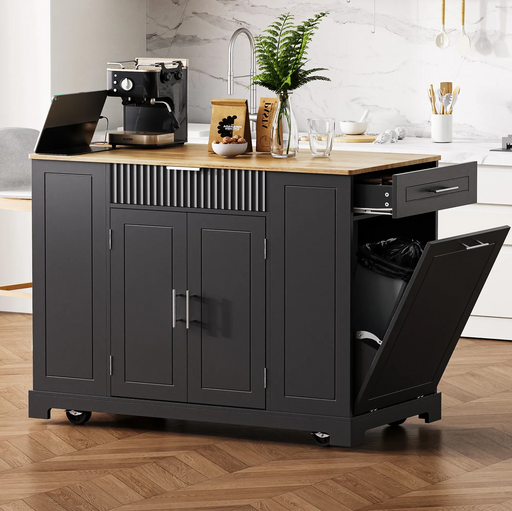 K&K Fluted Kitchen Island with Trash Can Storage Cabinet, Power Outlet, Internal Storage Rack, Rolling Kitchen Islands on 5 Wheels with 3 Drawer, 3 Open Side Racks for 10 Gallon Garbage Bin, Black Default -DTYStore