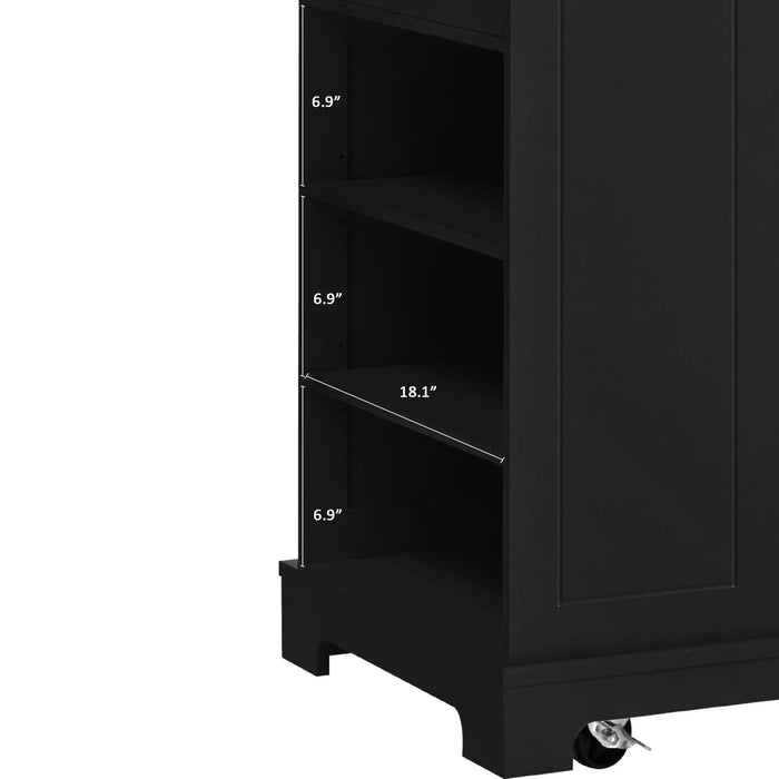 K&K Fluted Kitchen Island with Trash Can Storage Cabinet, Power Outlet, Internal Storage Rack, Rolling Kitchen Islands on 5 Wheels with 3 Drawer, 3 Open Side Racks for 10 Gallon Garbage Bin, Black Default -DTYStore