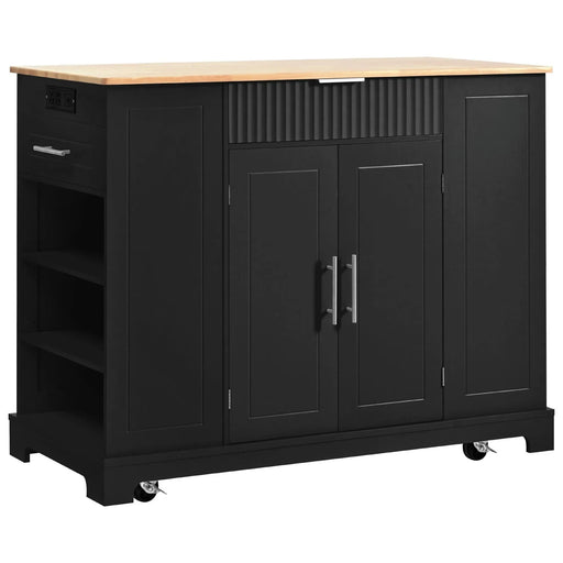 K&K Fluted Kitchen Island with Trash Can Storage Cabinet, Power Outlet, Internal Storage Rack, Rolling Kitchen Islands on 5 Wheels with 3 Drawer, 3 Open Side Racks for 10 Gallon Garbage Bin, Black Default -DTYStore