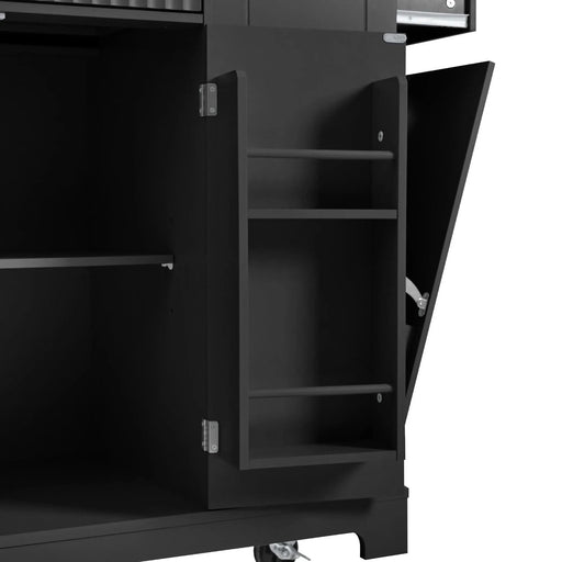 K&K Fluted Kitchen Island with Trash Can Storage Cabinet, Power Outlet, Internal Storage Rack, Rolling Kitchen Islands on 5 Wheels with 3 Drawer, 3 Open Side Racks for 10 Gallon Garbage Bin, Black Default -DTYStore