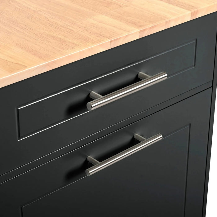 K&K Fluted Kitchen Island with Trash Can Storage Cabinet, Power Outlet, Internal Storage Rack, Rolling Kitchen Islands on 5 Wheels with 3 Drawer, 3 Open Side Racks for 10 Gallon Garbage Bin, Black Default -DTYStore