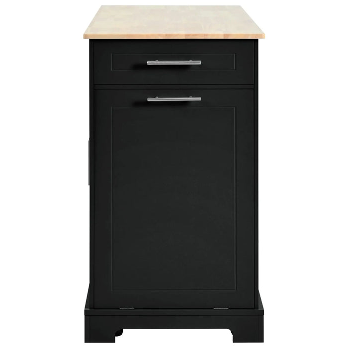 K&K Fluted Kitchen Island with Trash Can Storage Cabinet, Power Outlet, Internal Storage Rack, Rolling Kitchen Islands on 5 Wheels with 3 Drawer, 3 Open Side Racks for 10 Gallon Garbage Bin, Black Default -DTYStore
